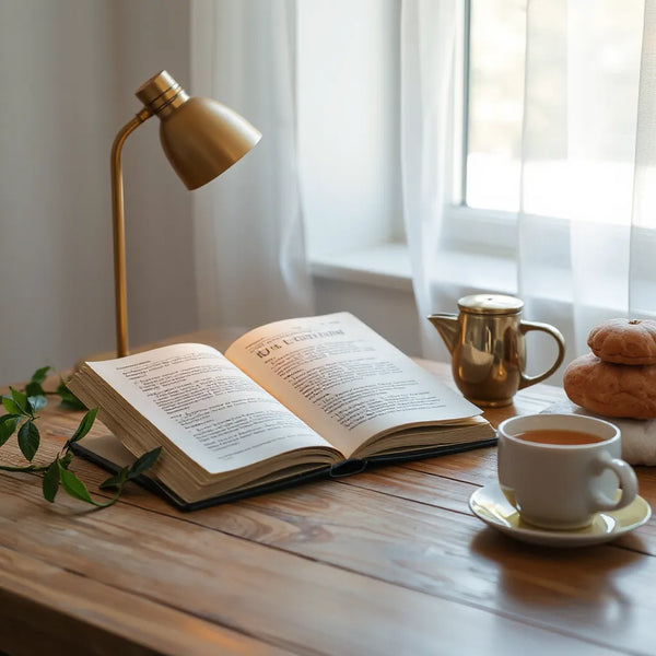 Opened inspirational paperback on a table beside warm light and a cup of tea
