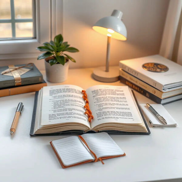 Open book on a desk with a notebook and lamp, lit by warm morning window light