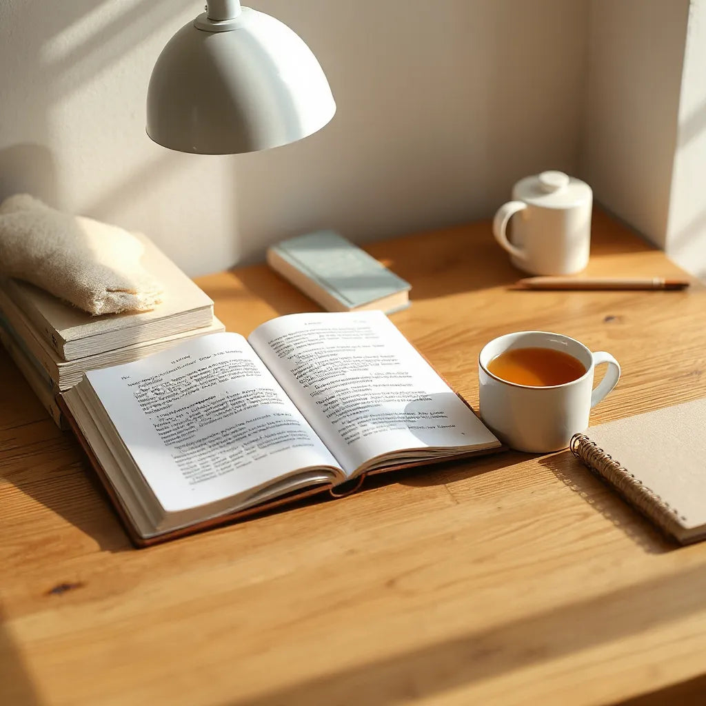 Stack of self-help books on a wooden desk with morning sunlight and a nearby mug