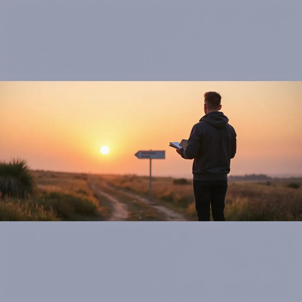 Person holding a journal on a sunrise path toward an unseen destination