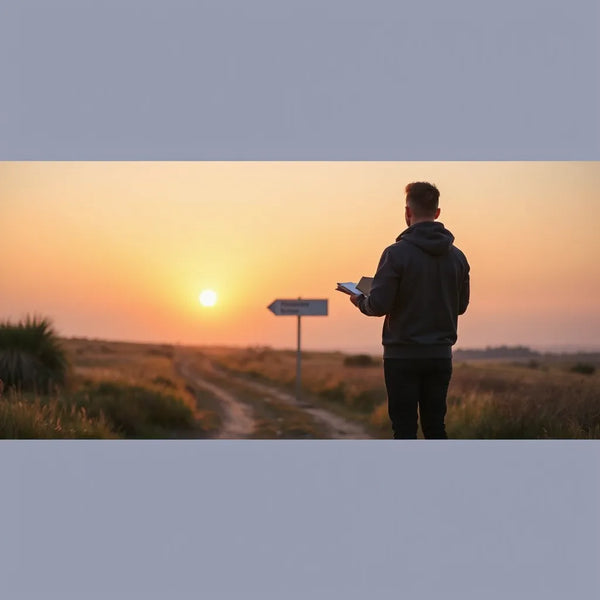 Person holding a journal on a sunrise path toward an unseen destination