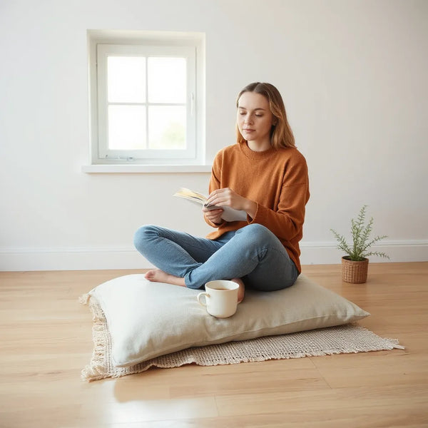 Person meditating with a journal on a wooden floor near a sunny window and a small plant