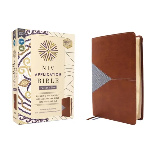 NIV Application Bible, Personal Size, Leathersoft, Brown/Blue, Red Letter, Comfort Print: Bringing the Ancient Message of the Bible Into Your World - Imitation Leather