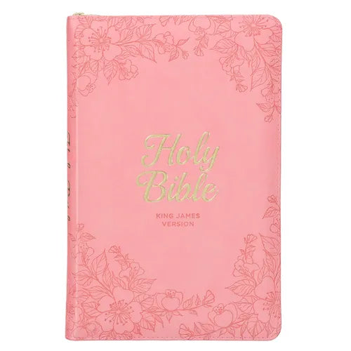 KJV Holy Bible, Standard Size Faux Leather Red Letter Edition - Thumb Index & Ribbon Marker, King James Version, Pink Floral Zipper Closure - Leather