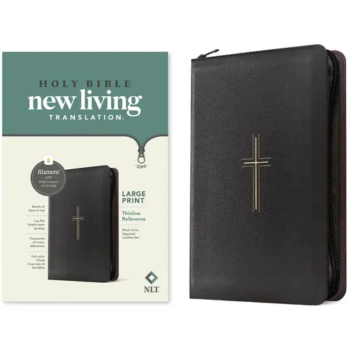 NLT Large Print Thinline Reference Zipper Bible, Filament Enabled (Leatherlike, Black Cross, Red Letter) - Imitation Leather