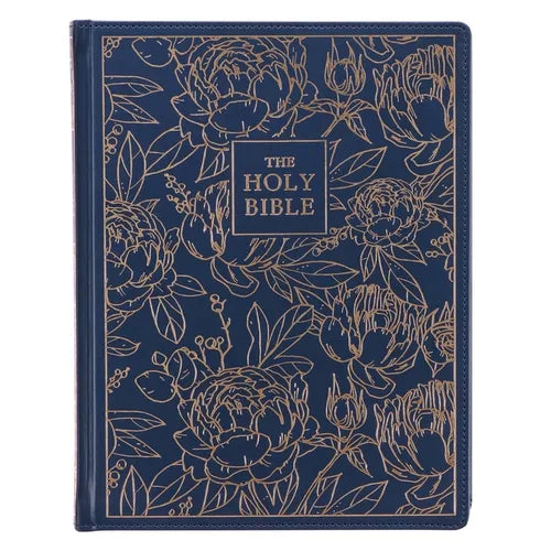 KJV Holy Bible, Large Print Note-Taking Bible, Faux Leather Hardcover - King James Version, Navy W/Gold Floral - Leather