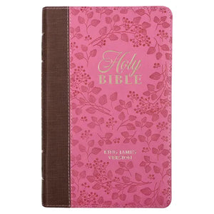 KJV Holy Bible, Giant Print Standard Size Faux Leather Red Letter Edition - Thumb Index & Ribbon Marker, King James Version, Brown/Pink Berry - Leather
