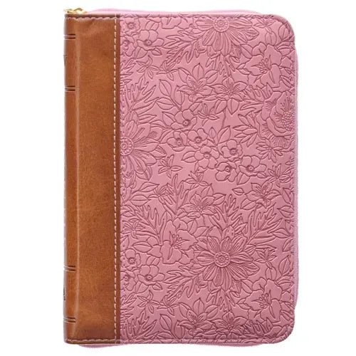KJV Holy Bible, Mini Pocket Size, Faux Leather Red Letter Edition - Ribbon Marker, King James Version, Pink/Saddle Tan, Zipper Closure - Leather