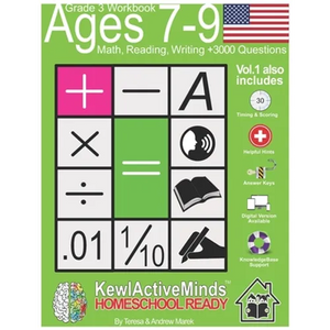 Grade 3, Ages 7-9 Math, Reading, Writing Practice Workbook - Vol1, 3000 Questions: American Content with Answer Keys, Timing and Scoring, Helpful Hint - Paperback