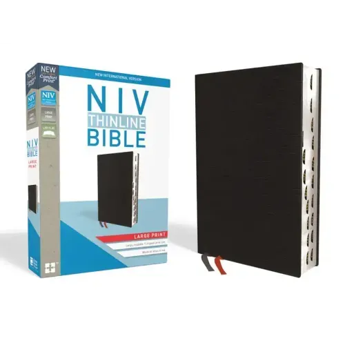 NIV, Thinline Bible, Large Print, Bonded Leather, Black, Indexed, Red Letter Edition - Bonded Leather