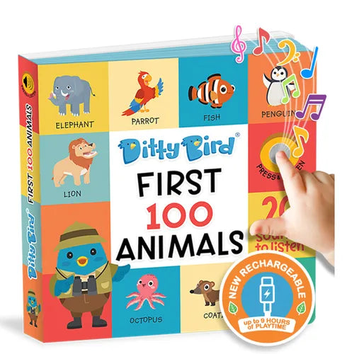 Ditty Bird First 100 Animals Interactive Sound Book for Toddlers 1- 3 Speech Therapy Learning Books for 1 Year Old - Board Book