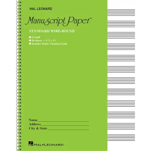 Standard Wirebound Manuscript Paper Green Cover 12 Staves Per Page Music Notation Guide for Composers Students and Musicians Hal Leonard Spiral-Bound - Spiral