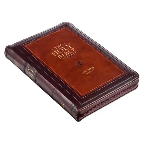 KJV Holy Bible, Compact Faux Leather Red Letter Edition - Ribbon Marker, King James Version, Burgundy/Saddle Tan, Zipper Closure - Leather