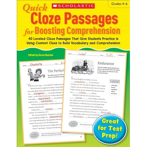Quick Cloze Passages for Boosting Comprehension: Grades 4-6: 40 Leveled Cloze Passages That Give Students Practice in Using Context Clues to Build Voc - Paperback