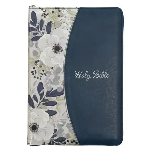 KJV Holy Bible, Thinline Large Print Faux Leather Red Letter Edition Thumb Index Ribbon Marker, King James Version, Blue Printed Floral, Zipper Closur - Leather