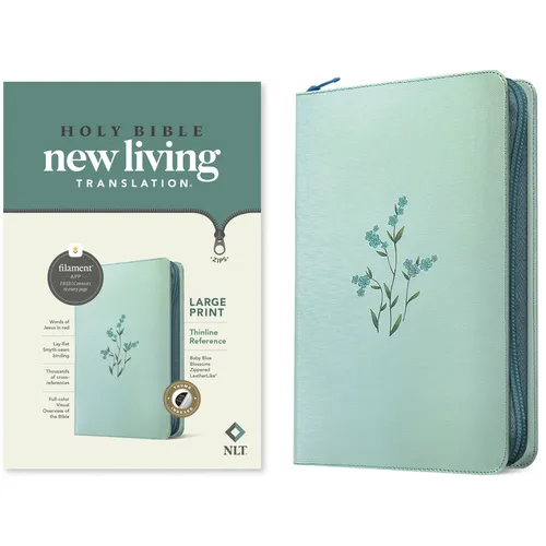 NLT Large Print Thinline Reference Zipper Bible, Filament Enabled (Leatherlike, Baby Blue Blossoms, Indexed, Red Letter) - Imitation Leather
