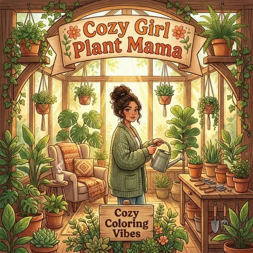Cozy Girl Plant Mama: Hygge Botanical Greenhouse Cute & Fun Coloring Book Easy Bold Line Designs of Potted Ferns, Terrariums, Watering Cans & Indoor J - Paperback