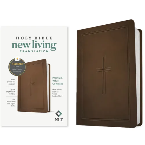 NLT Premium Value Compact Bible, Filament Enabled (Leatherlike, Dark Brown Framed Cross) - Imitation Leather