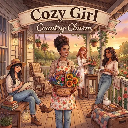 Cozy Girl Country Charm: Cute & Fun Relaxing Adult Activity Coloring Book Aesthetic Comfy Hygge Farmhouse Scenes, Daily Rustic Living, Peaceful Outdoo - Paperback